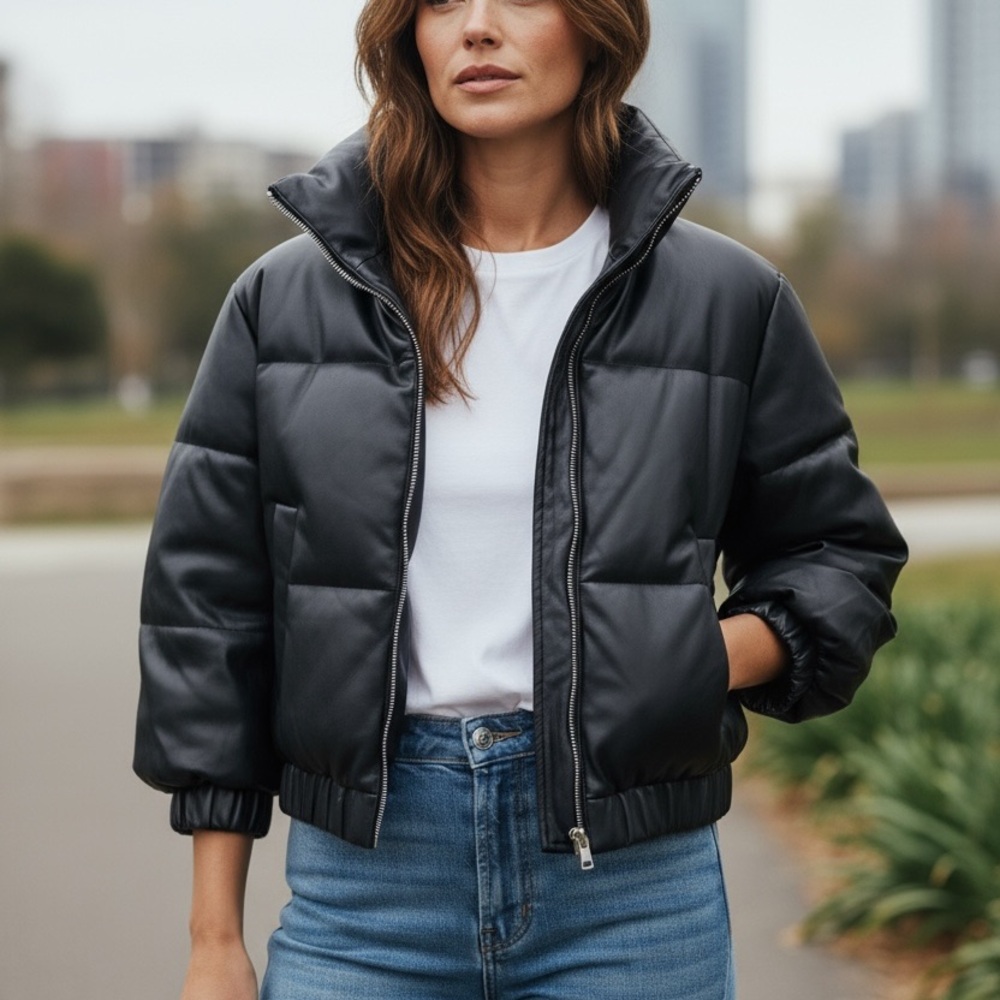 Abercrombie & Fitch Vegan Leather Cropped Puffer Jacket
